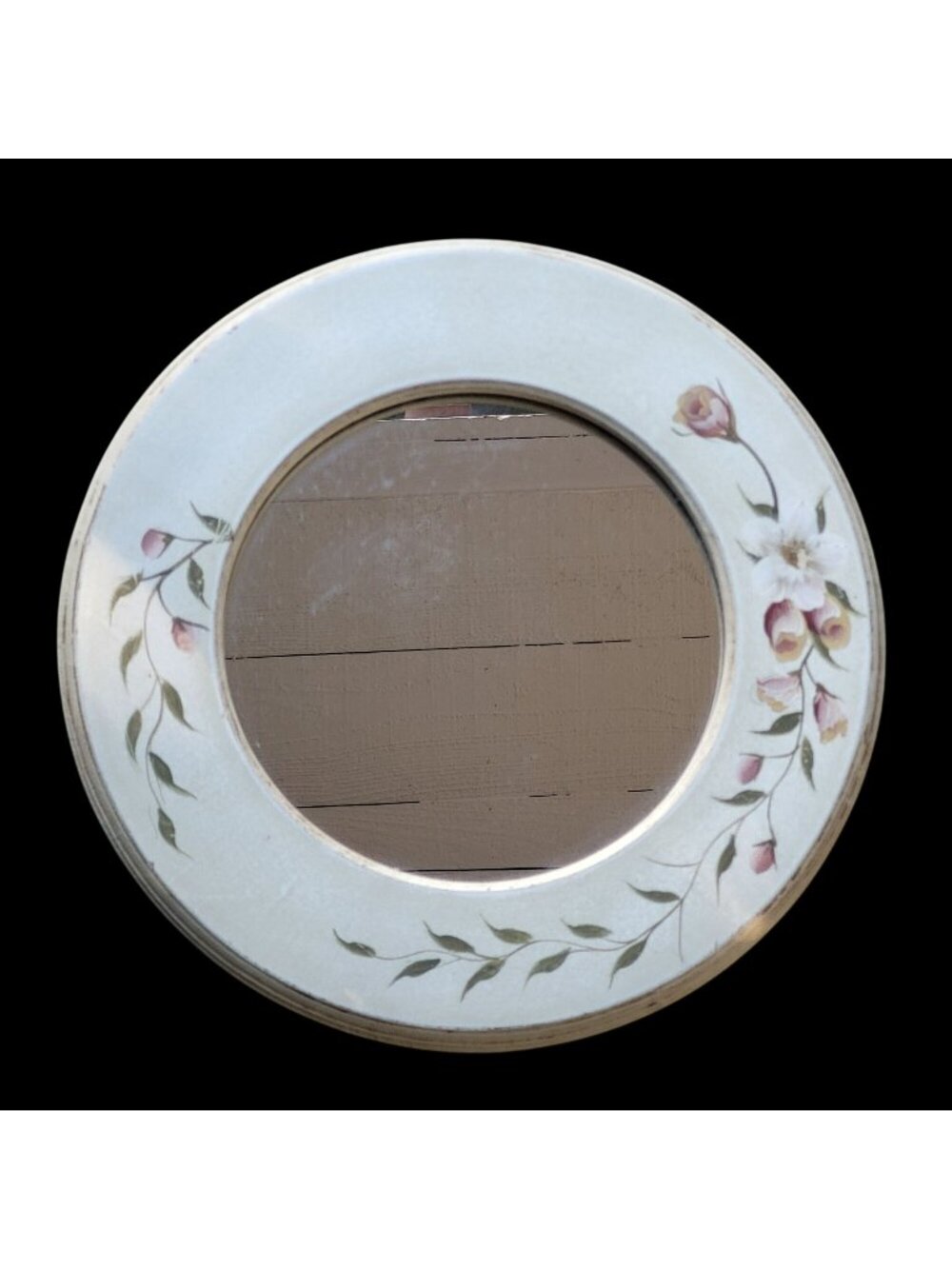 Country Rose Accent Mirror Round Hand-Painted Wood Frame Cottagecore 12"